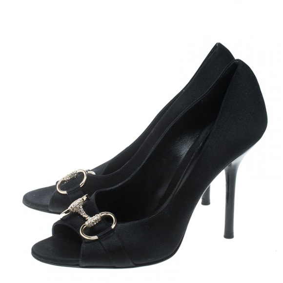 Gucci Black Satin Crystal Horsebit Open Toe Pumps - Picture 1 of 4